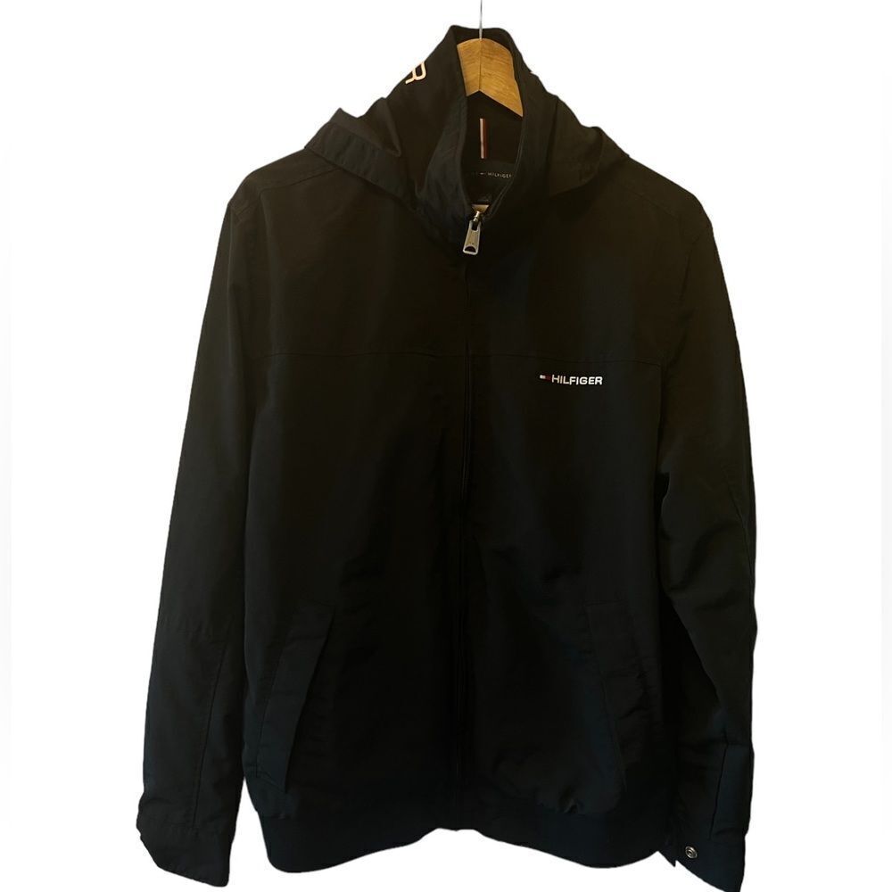 TOMMY HILFIGER Black High Neck Mid Weight Fall Rain Hooded Jacket Coat L